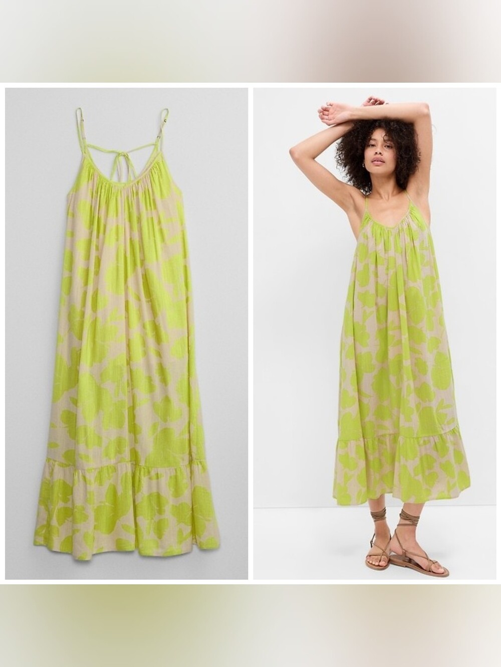 GAP Print Cami Maxi Dress Yellow Flower Print XL  Sleeveless Tiered Cotton Rayon